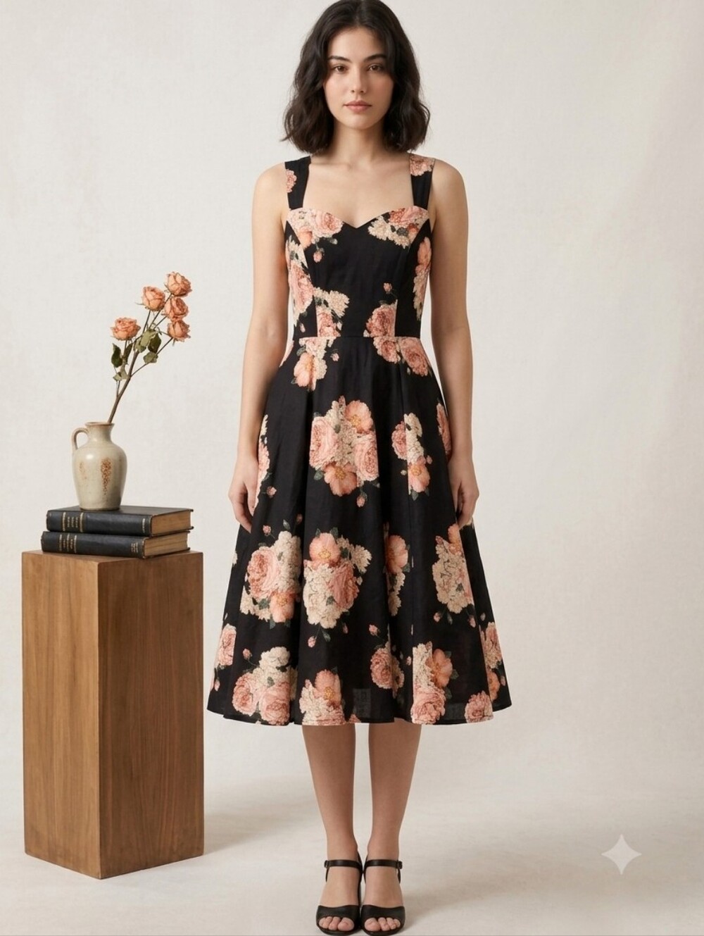 NWT Royal Monk Modcloth Black Pink Floral Sweetheart Mod Midi Dress Size XS